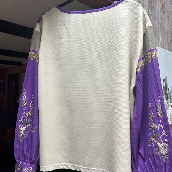Elegant Floral Women's Blouse - Purple and Cream - Picture 2 of 2